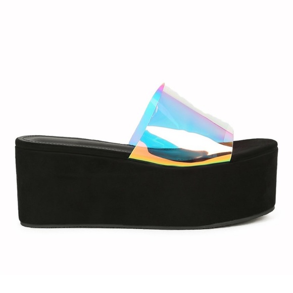 Dolls Kill x Lady Go Diva Holographic Iridescent Black Suede Platform Sandals - Picture 2 of 8
